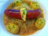 Apple Cider Braised Smoked Chicken Sausage Cabbage And Potato Stew